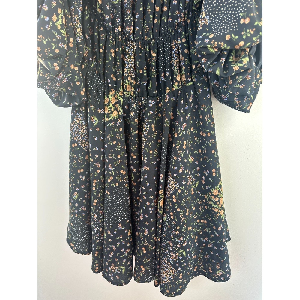 &merci Off the Shoulder Smocked Mini Dress Black Medium Floral Puff Sleeve Boho - Picture 5 of 10